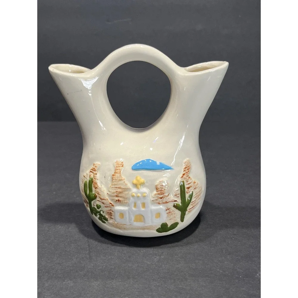 Vintage Southwestern Ceramic Wedding Vase Hand Painted Desert Mission Church 4.5